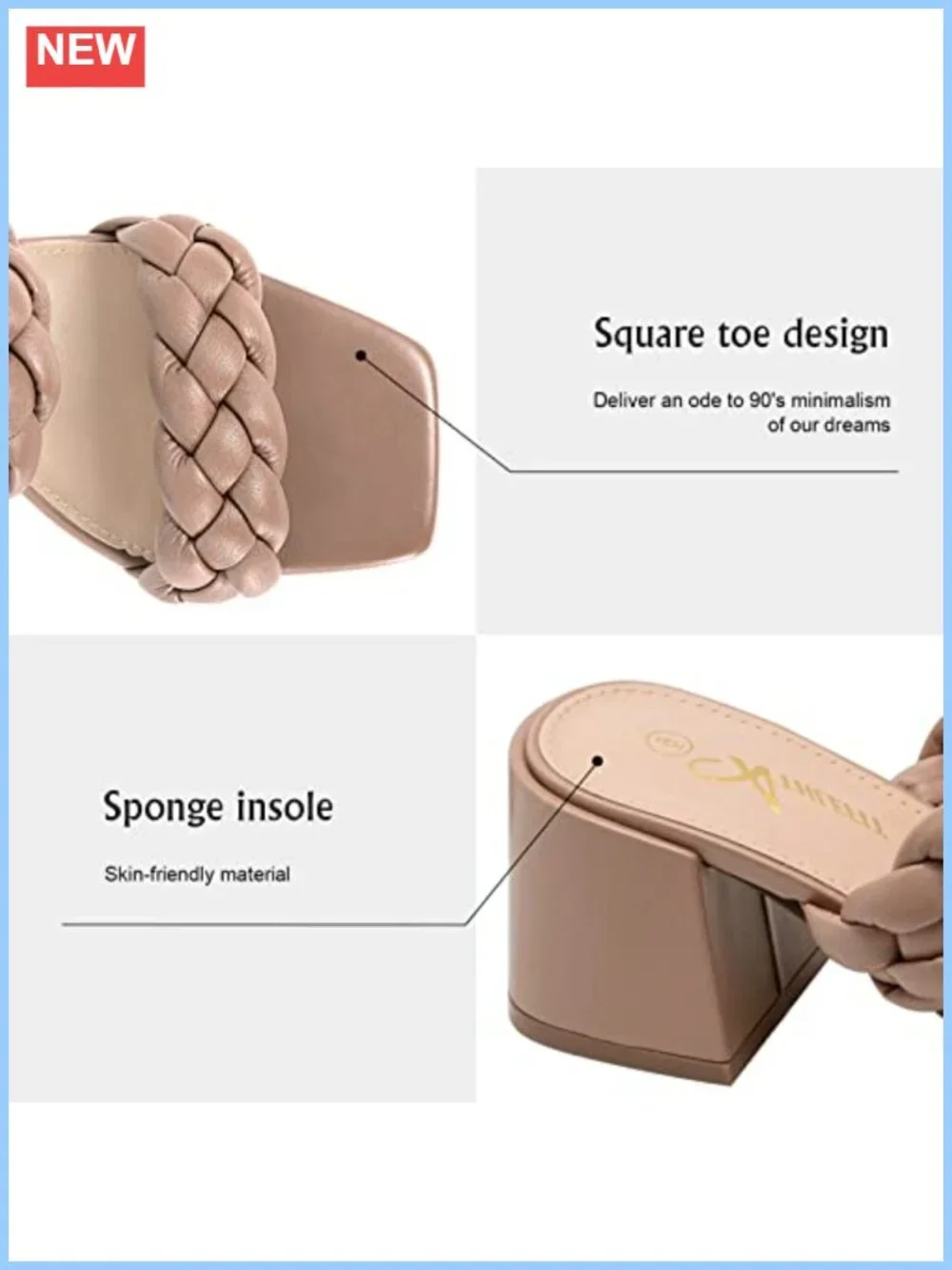 Braided Heels for Women Square Toe Chunky Low Heeled Sandals Slip On PU Lining